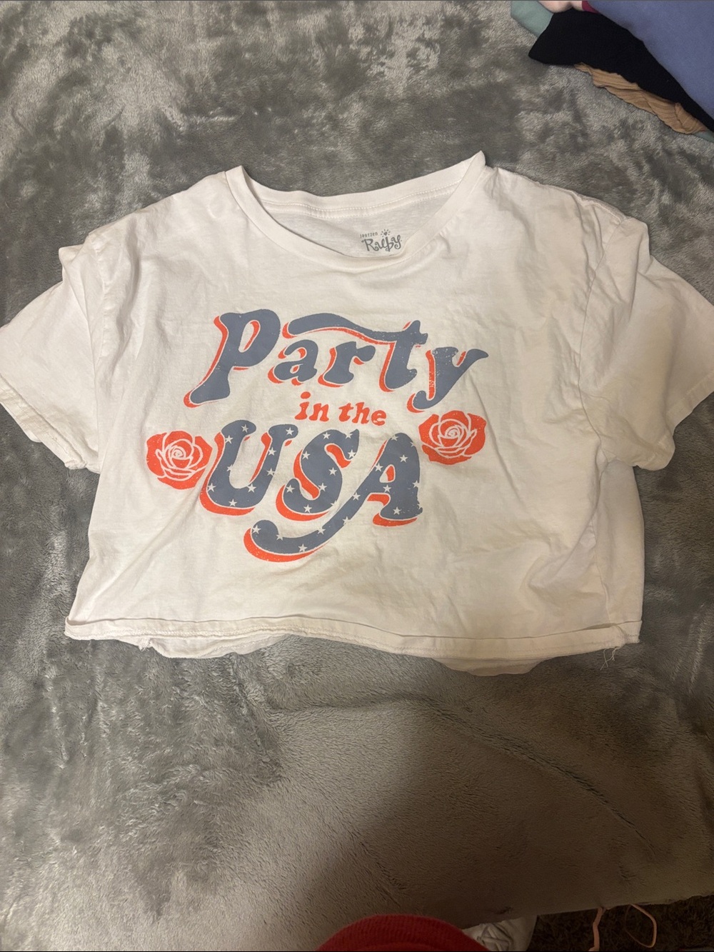 Jantzen White Crop Tee with Red and Blue 'Party in the USA' Graphic